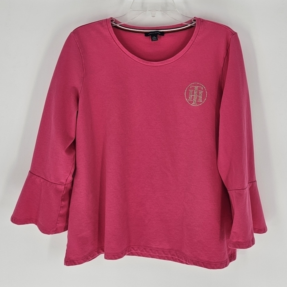TOMMY HILFIGER Women's Pink Embellished Logo Casual Shirt Top Bell Sleeve Sz XL